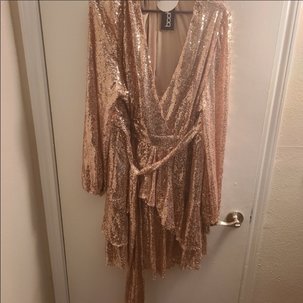 Boohoo Rose gold sequin skater dress